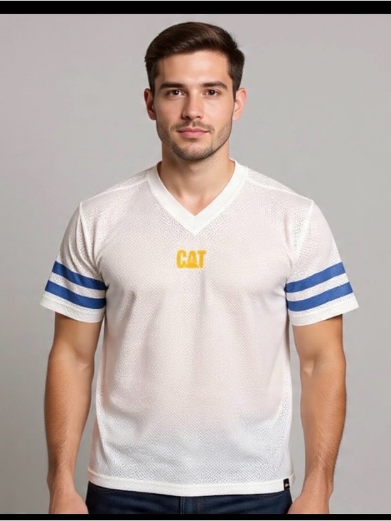 Vintage CAT Mesh Jersey M – White/Blue Workwear Football Shirt Y2K